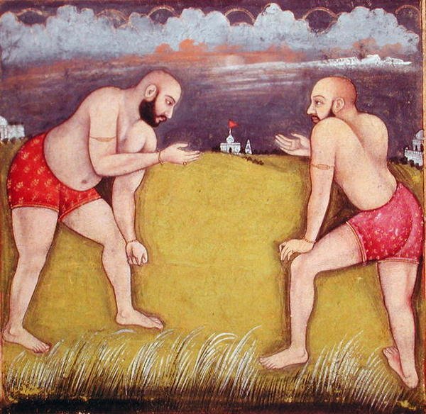 To wrestlere, begyndelsen af det 19. århundrede (gouache på papir) af School Mughal