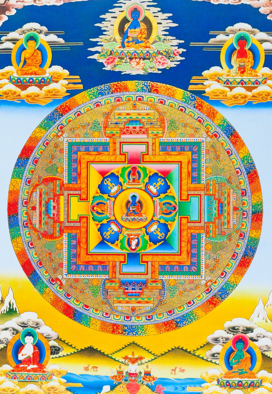 Akshobhya Mandala, der skildrer den uigennemtrængelige Buddha som Bhumi Sparsa Mudra med jorden, der vidner om hans oplysning (gouache på klud) af School Nepalese