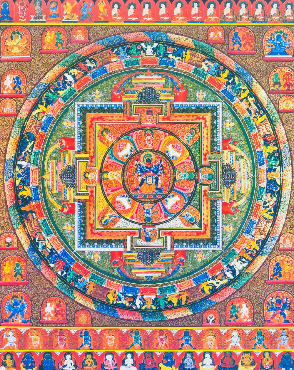 Chakrasambhara Mandala, der skildrer hovedguden Sambhara, der omfavner sin ægtefælle Vajrabarahi, der symboliserer foreningen af visdom og praksis for at opnå den højeste lyksalighed (gouache på klæde) af School Nepalese