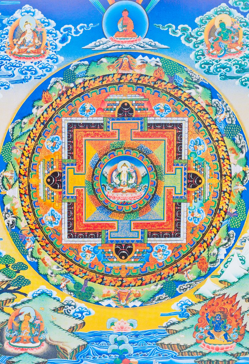 Chenresi mandala; den midterste figur skildrer medfølelsens Buddha, den himmelske manifestation af Amitava Buddha, altid tæt på lidende væsener (gouache på klæde) af School Nepalese