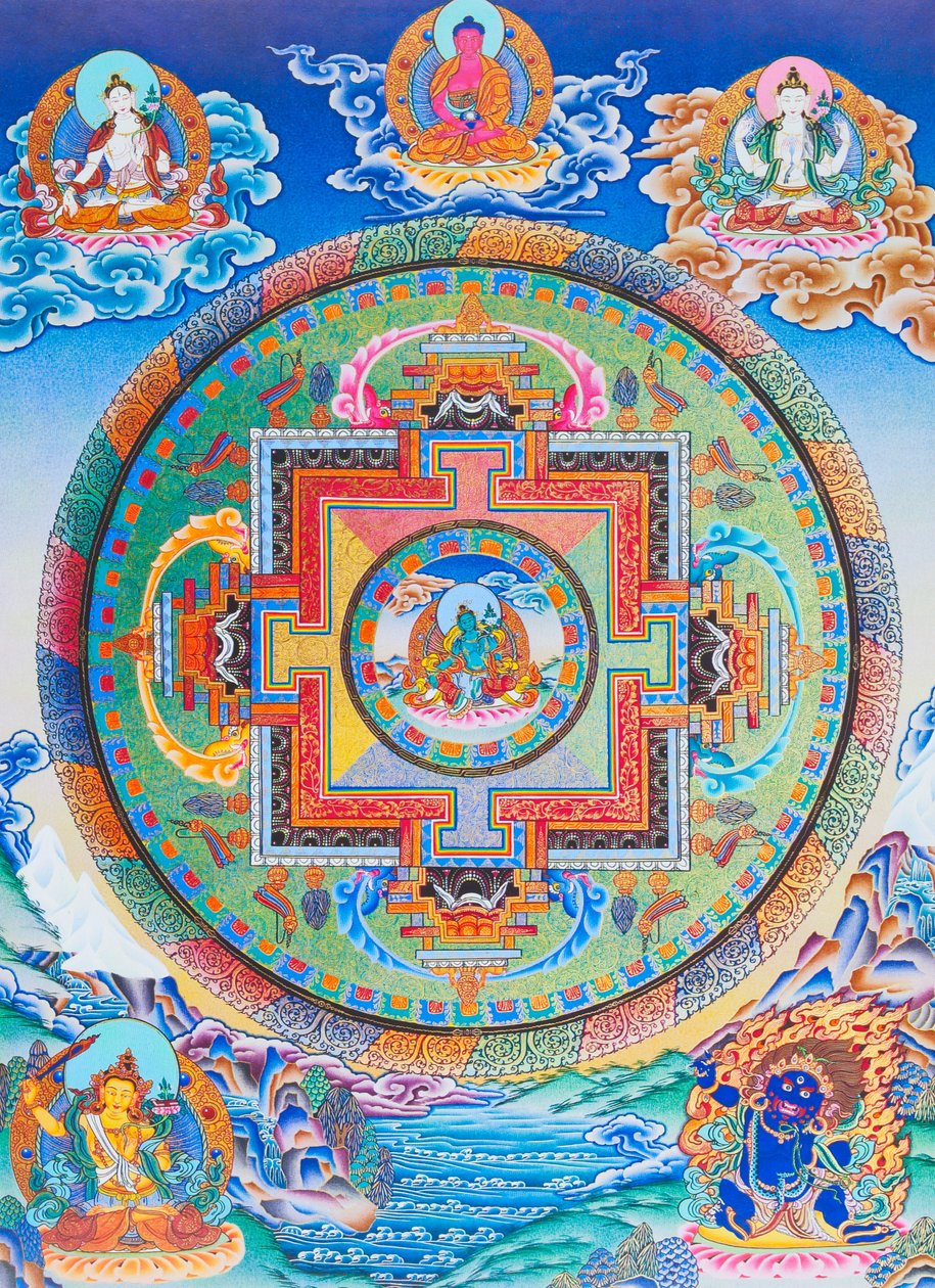 Grøn Tara Mandala skildrer moderens beskytter mod alle farer i tilværelsens hav (gouache på stof) af School Nepalese