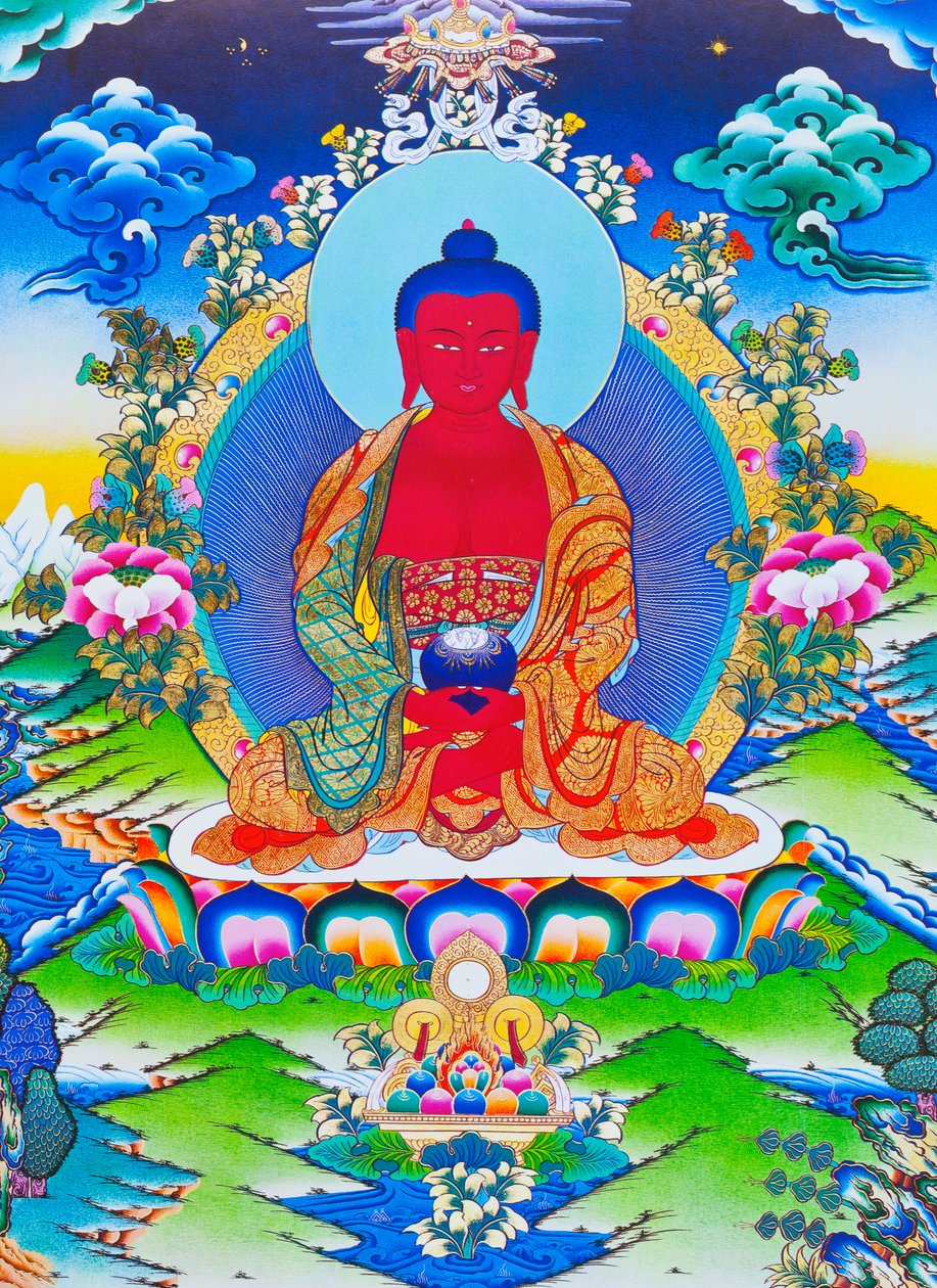 Billede af Amitabha Buddha siddende på en lotus (gouache på stof) af School Nepalese