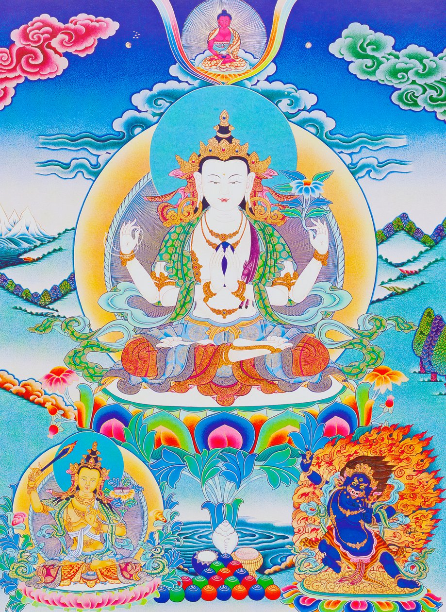 Billede der viser Chenresi, herren over de seks stavelser "Om Mani Padme Hum" (gouache på stof) af School Nepalese