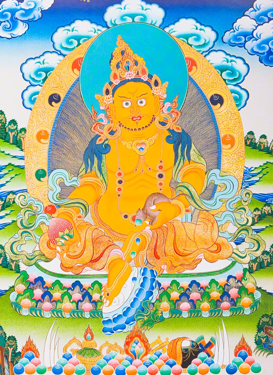 Billede af Dzambhala, den gule Dzambhala er manifestationen af Buddha Ratnasambhava, der symboliserer rigdom i den materialistiske verden (gouache på klæde) af School Nepalese