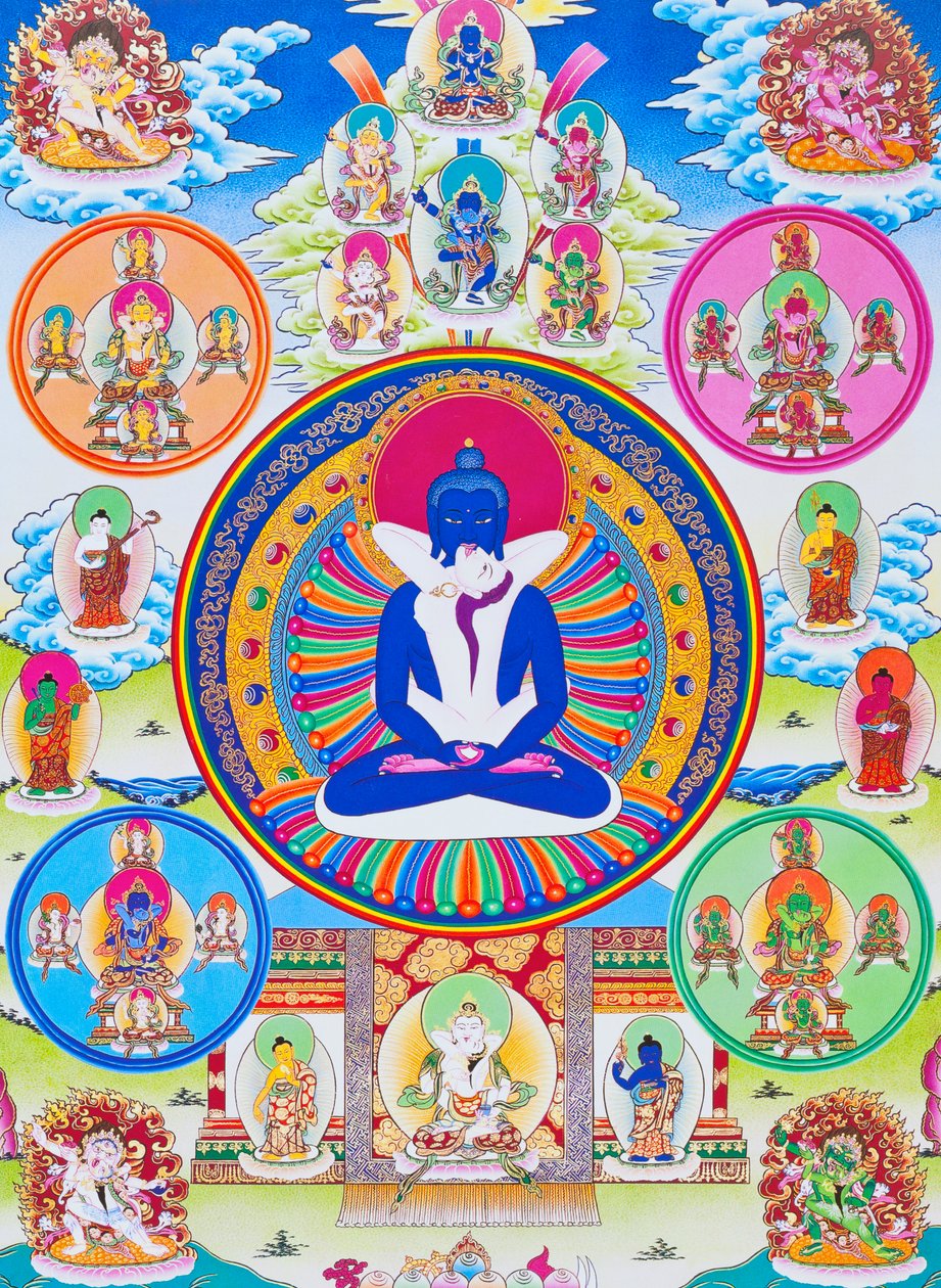 Billede, der afbilder Samantabhadra, sammen med sin ægtefælle, der symboliserer enhed med det absolutte (gouache på stof) af School Nepalese