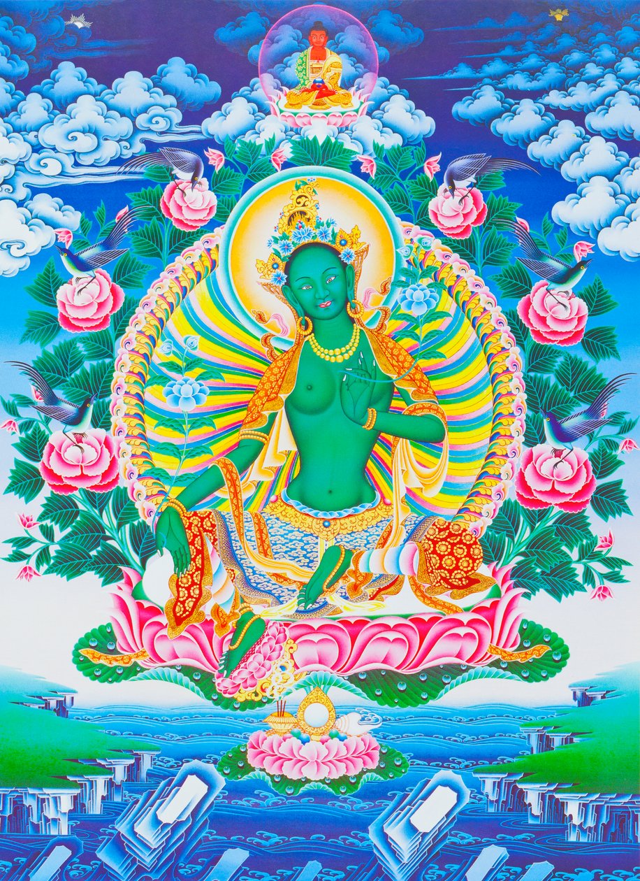 Billede der viser den grønne Tara, moderens beskytter mod alle farer i tilværelsens hav (gouache på stof) af School Nepalese