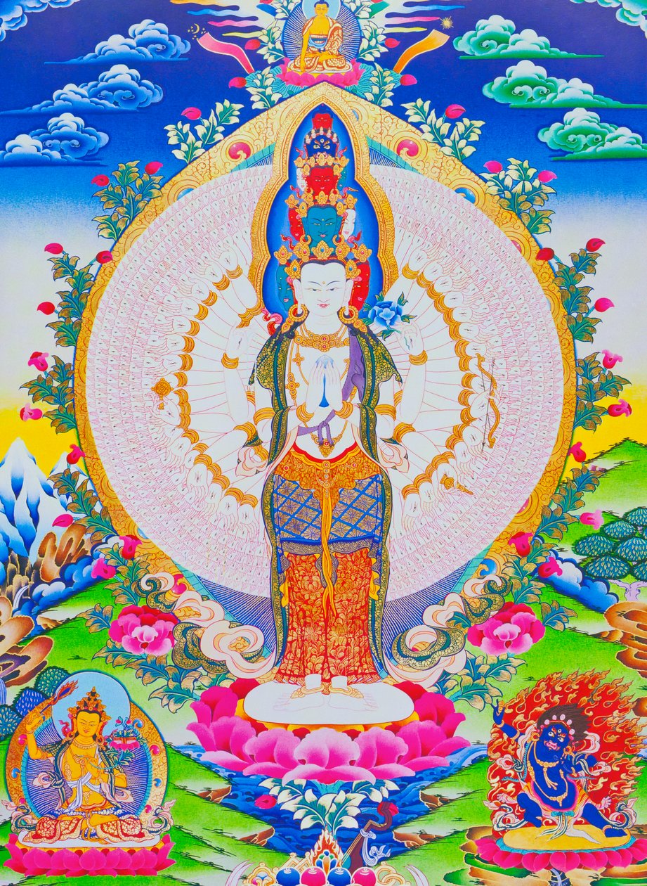 Billede der viser de tusinde arme Avalokiteshvara, den elleve hovedede Avalokiteshvara med tusinde arme og 1022 øjne, der symboliserer uendelig medfølelse (gouache på klæde) af School Nepalese
