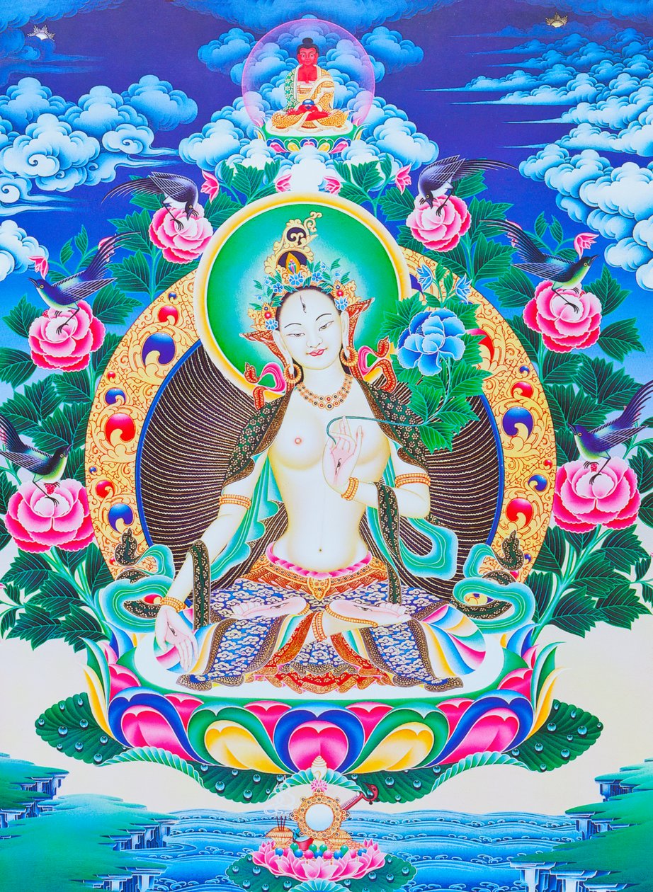 Billede af den hvide Tara, den syvøjede guddommelige mor siddende på en lotus med højre hånd i varada mudra-position, der symboliserer generøsitet (gouache på stof) af School Nepalese