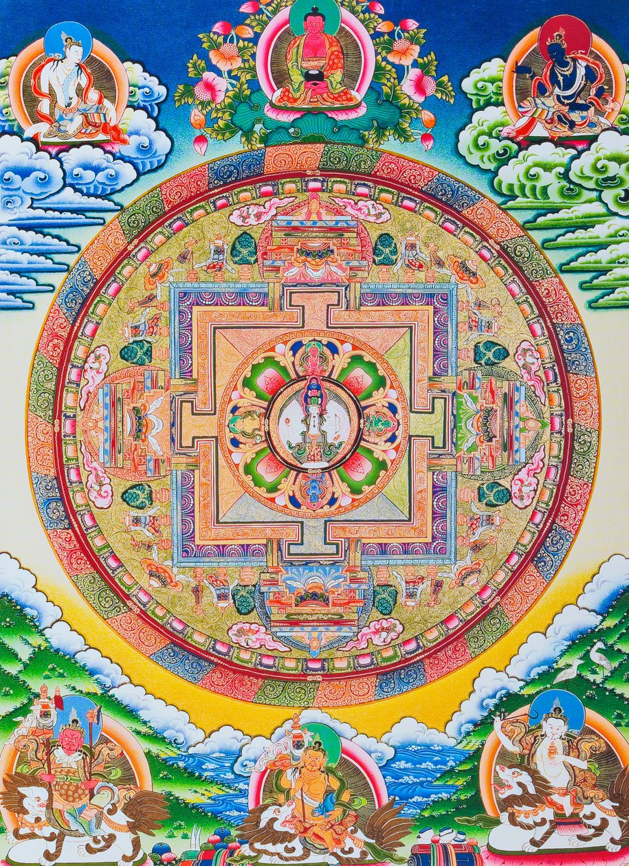 Mandala med tusind arme Avalokiteshvara; den hellige, magiske cirkel, der skildrer den elleve hovedede Bodhisattva, der symboliserer uendelig medfølelse (gouache på klæde) af School Nepalese