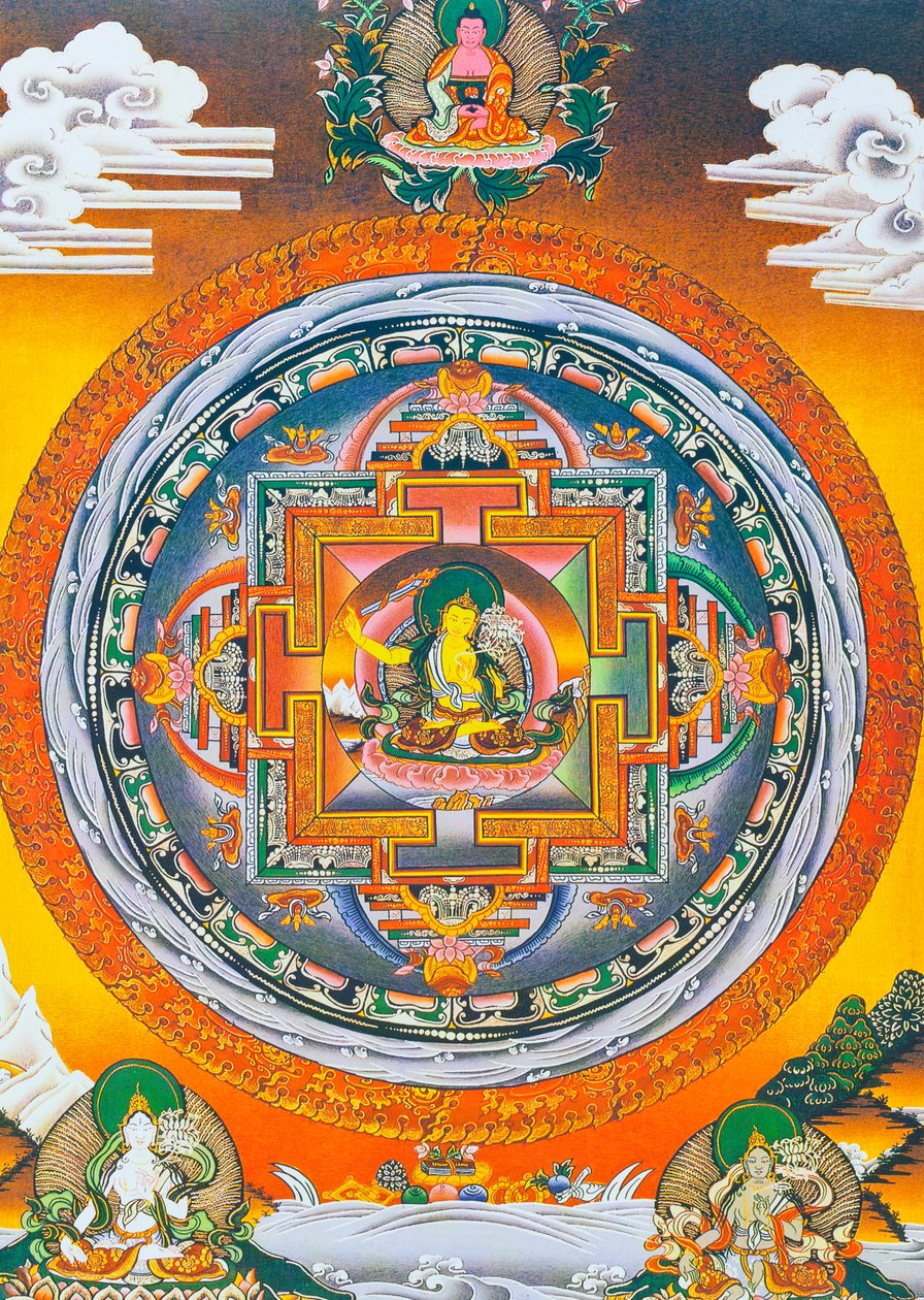 Manjushree Mandala, hvor den centrale figur repræsenterer visdomsguden Manjushree, den legendariske skaber af Kathmandu-dalen (gouache på stof) af School Nepalese