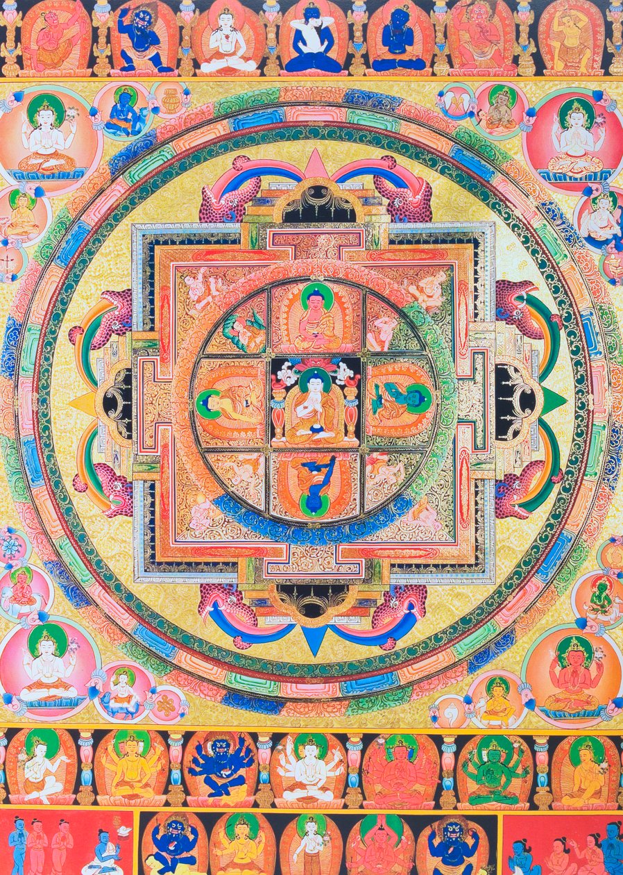 Pancha Buddha Mandala, der skildrer fem former for Buddha, der symboliserer fem slags visdom (gouache på klæde) af School Nepalese