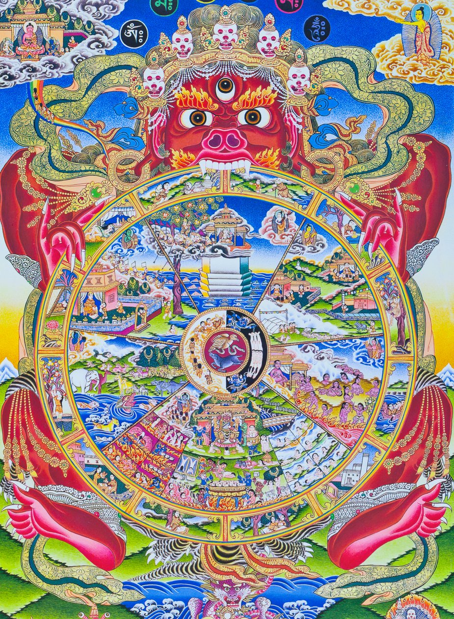 Livets hjul Mandala, der skildrer Kalachakra eller vildledte eksistens holdt i munden på Yama, dødsguden, der repræsenterer fødsel, død og genfødsel (gouache på klæde) af School Nepalese
