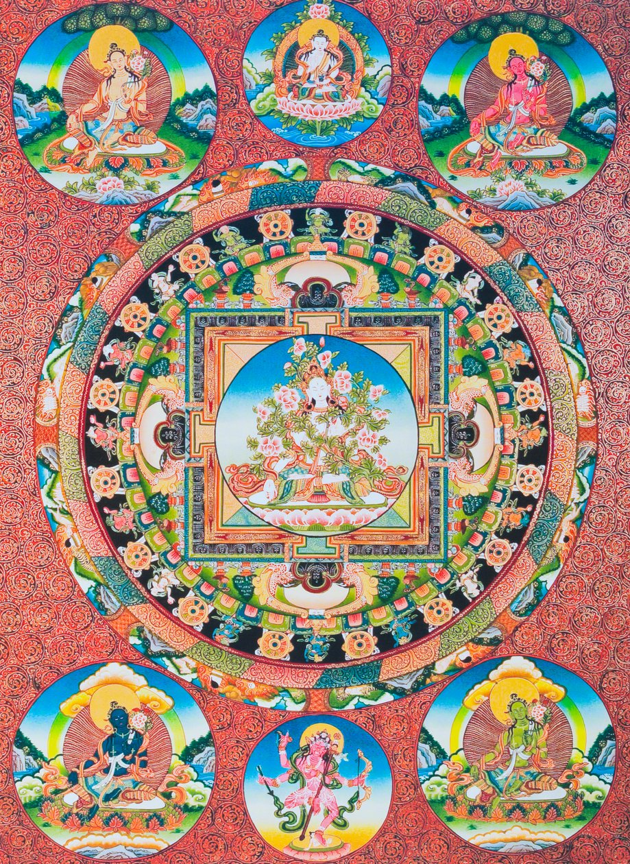 Hvid Tara Mandala; den syvøjede kvindelige guddom i det buddhistiske pantheon, der repræsenterer medfølelsens gudinde og menneskets beskytter (gouache på klæde) af School Nepalese