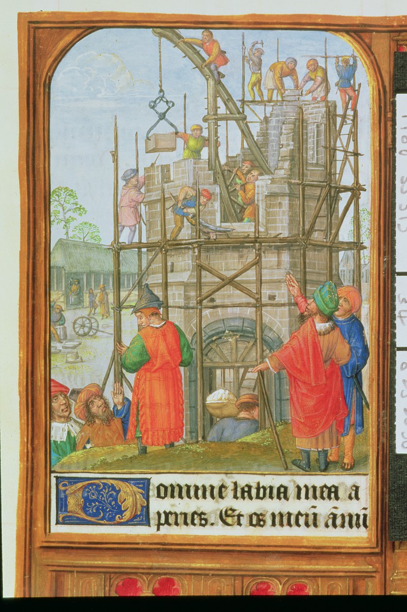 Tilføj 35313 f.34 Bygningen af Babelstårnet, Brügge eller Gent, ca. 1500 (vellum) af School Netherlandish