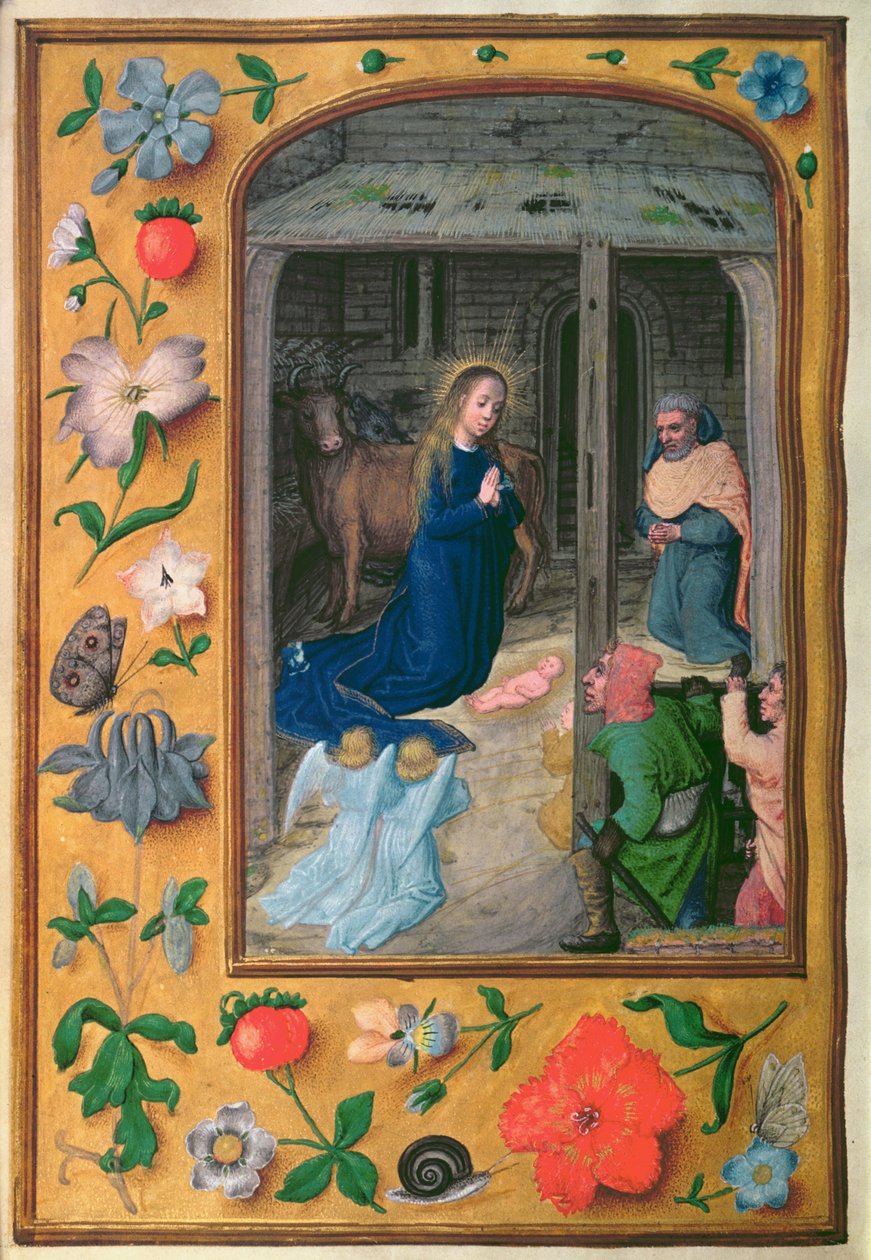 Tilføj 35314 f.25v Nativity, fra a Book of Hours, Brugge, c.1510-20 (vellum) af School Netherlandish