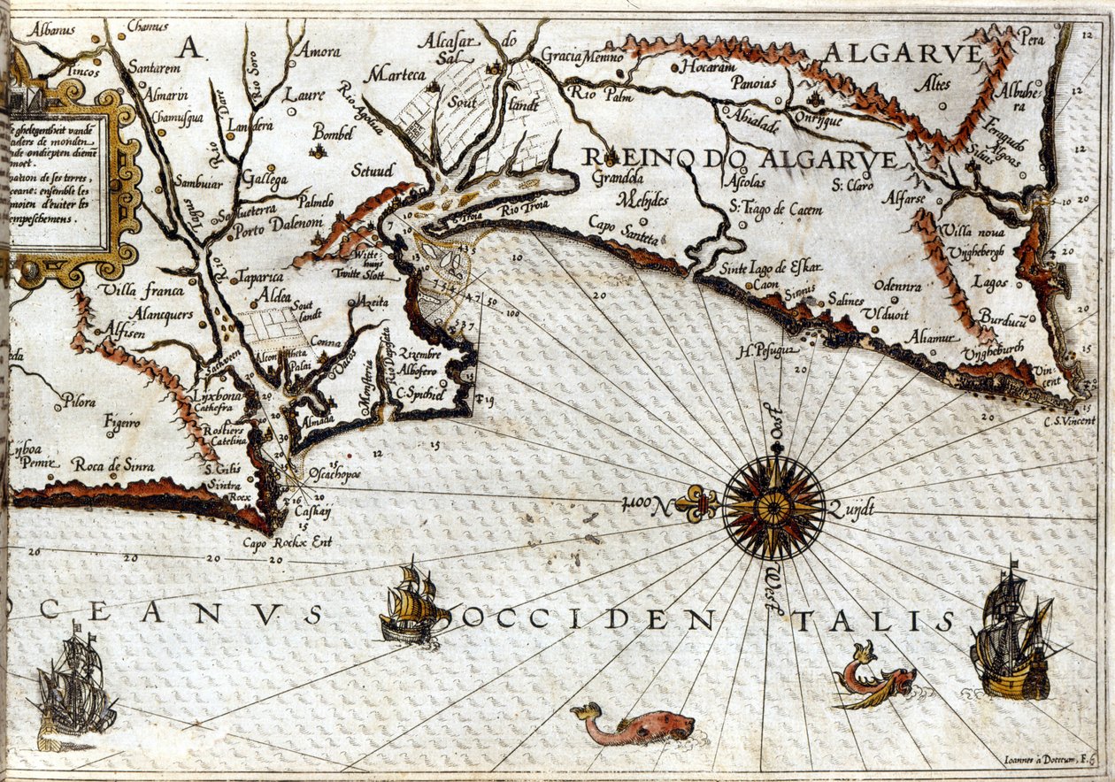 Cape Sagres (eller Sacred Cape) i slutningen af Portugal efter portulan af Luca J. Waghenaer Treesor af zeevaert trykt i Leiden i 1592 af School Netherlandish