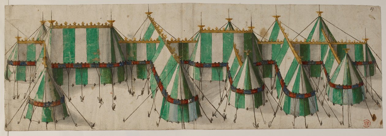 Bomuld Augustus III, f.19 Design til en kongelig pavillon i Tudor-farverne hvid og grøn, der siges at være til Henrik VIII på Guldklædets felt af School Netherlandish