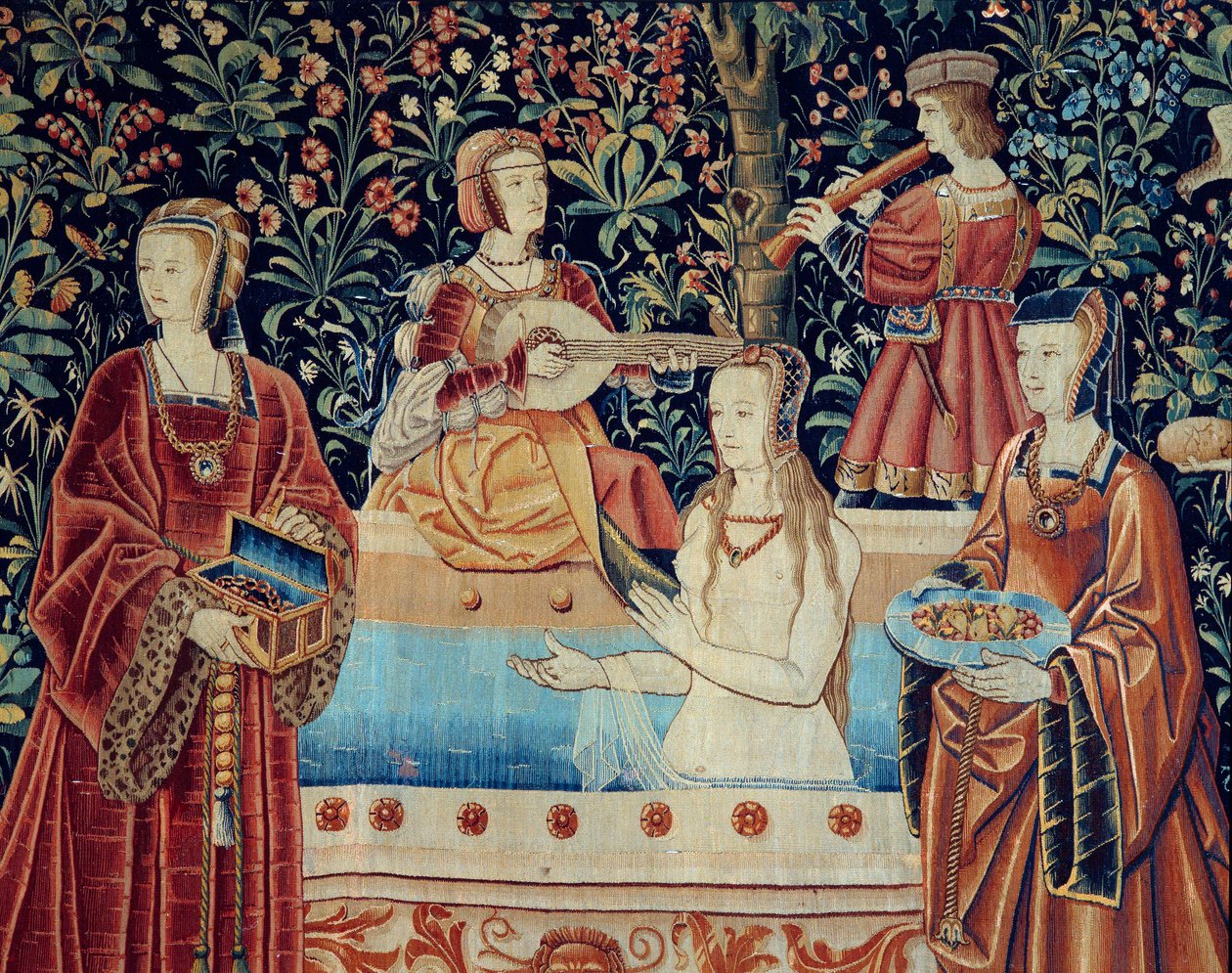 Herrelivets Gardin: Badet. Detalje. Uld og silketæppe lavet omkring 1520 i Holland. Søn 2,8x2,6 m Paris, middelalderens nationalmuseum, Thermes de Cluny af School Netherlandish