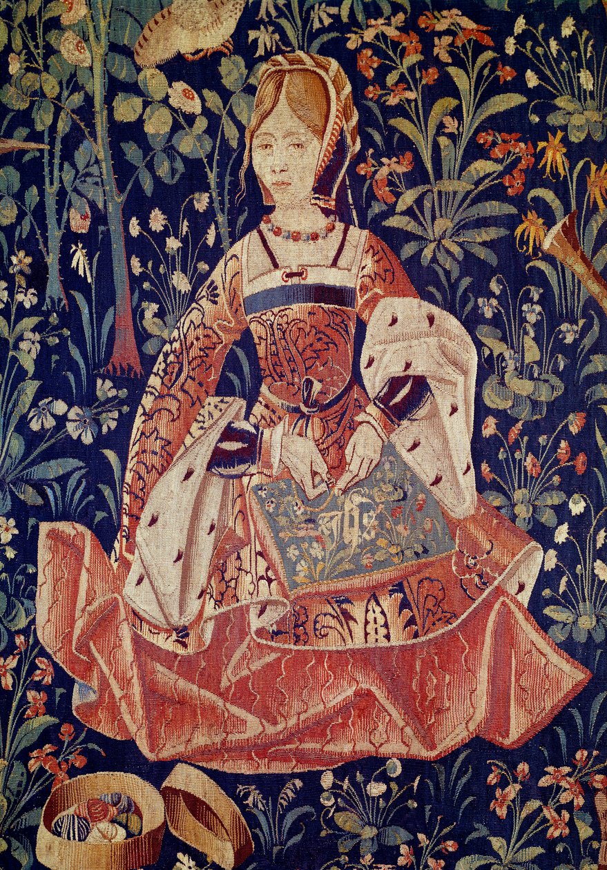 Ophængning af seigneurialt liv: Broderi. Detalje. Uld og silketæppe lavet omkring 1520 i Holland. Paris, Nationalmuseet for middelalderen, Thermes de Cluny af School Netherlandish