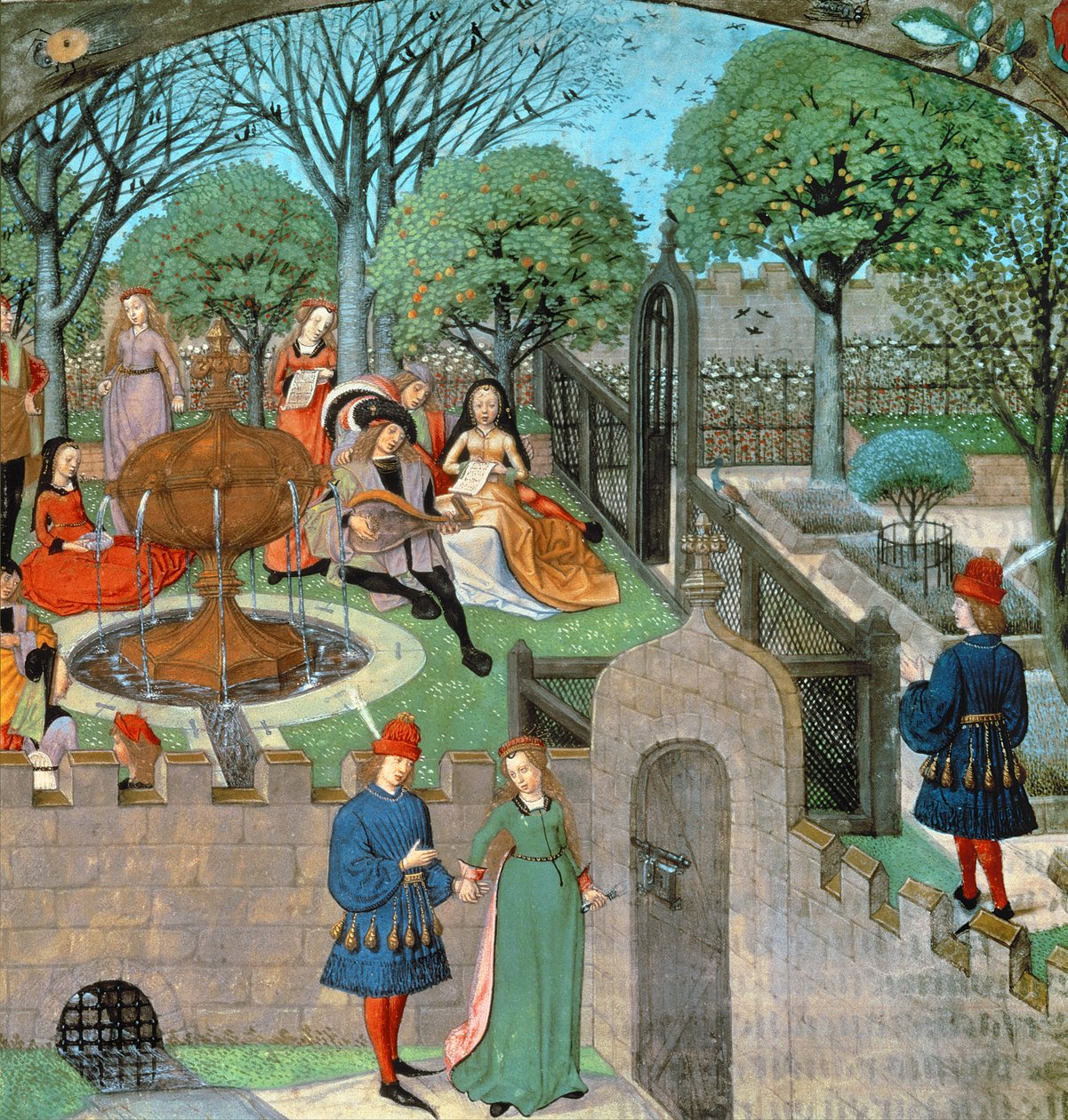 Harl 4425 f.12v Havescene, elskeren og damen Oyseuse (Lediggang) uden for havens mure, fra 