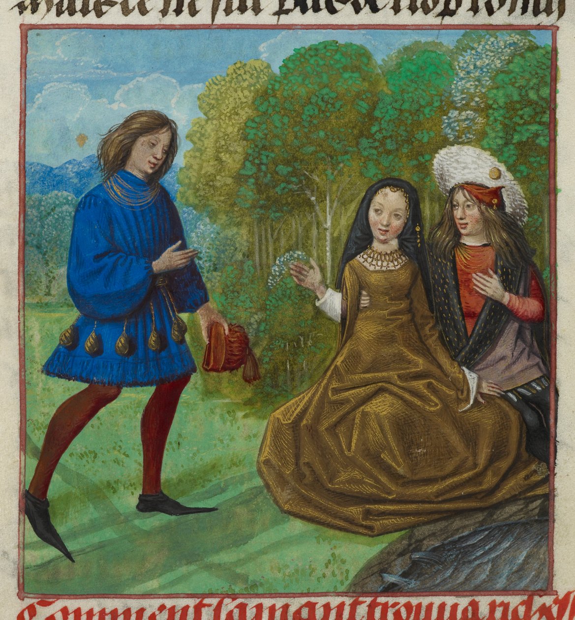 Harley 4425 f.90v The Lover meeting Richesse (Rigdom) fra Roman de la Rose af Guillaume de Lorris og Jean de Meun, ca. 1490-c. 1500 (vellum) af School Netherlandish