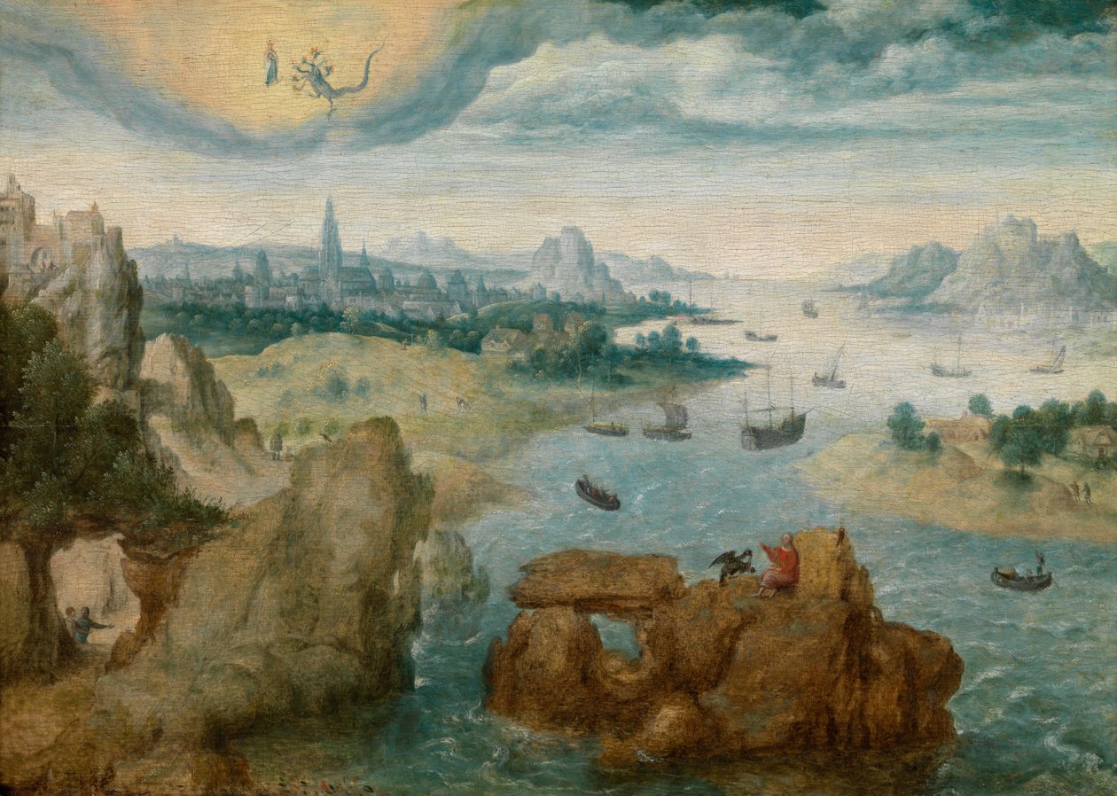 St John på Patmos (olie på panel) af School Netherlandish