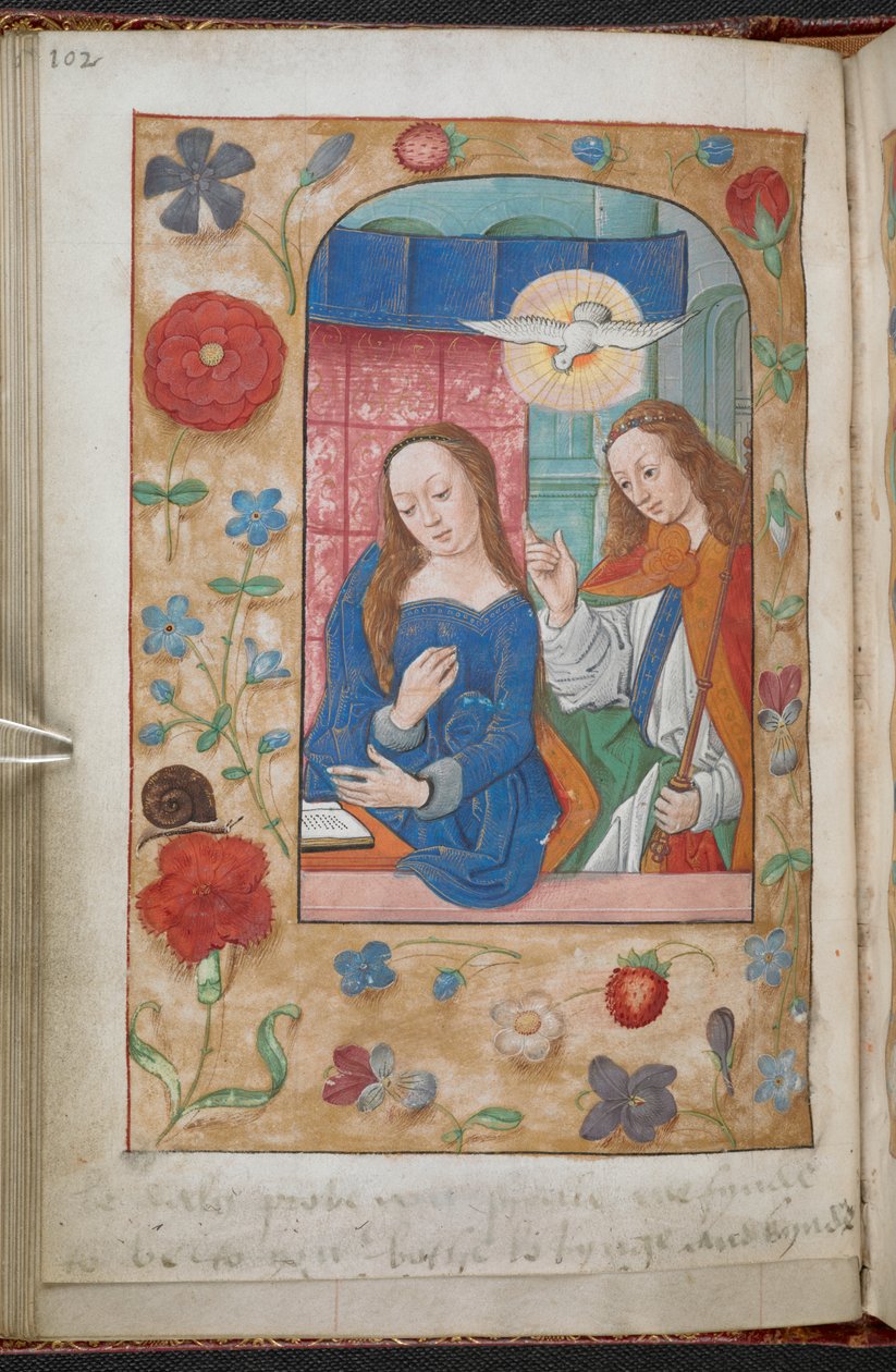 Bebudelsen. En kant af blomster, frugt, fugle, insekter osv. i perspektiv på en blegguldbund. En inskription (i Anne Boleyns hånd) er ved foden af folioen, 