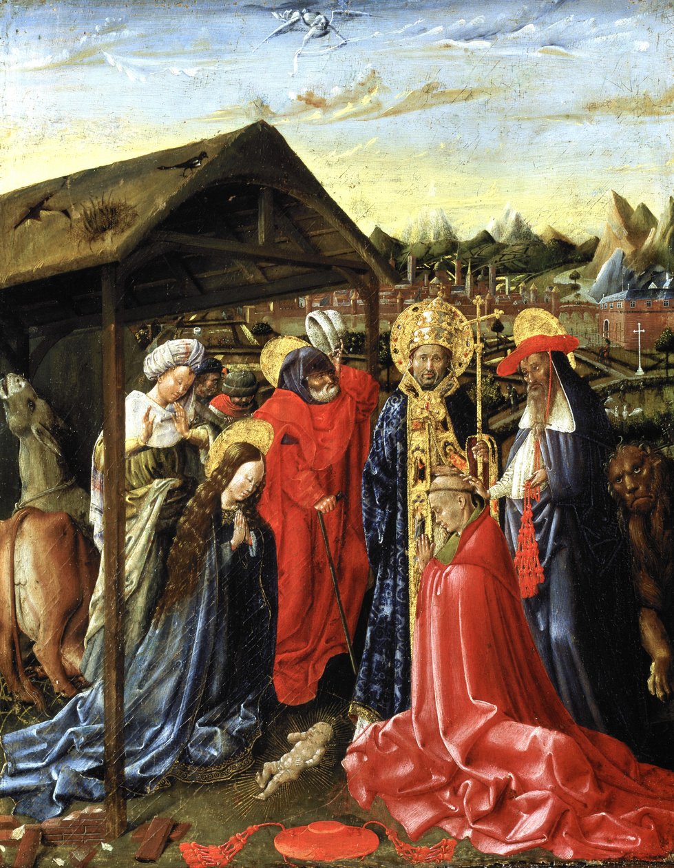 Fødselen med SS. Sixtus (?) og Jerome og en kardinal (olie på panel) af School Netherlandish