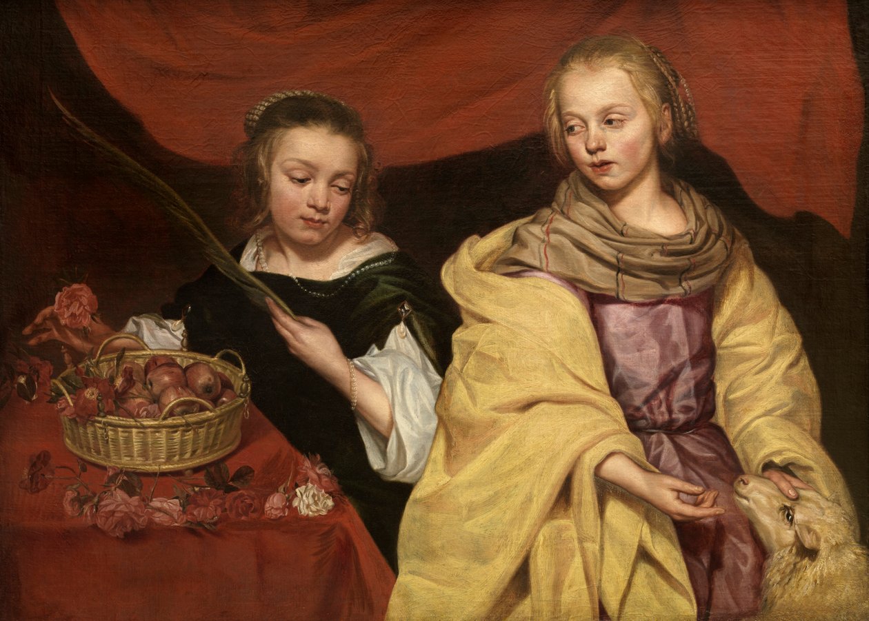 De hellige Agnes af Rom og Dorothea af Cæsarea (olie på panel) af School Netherlandish