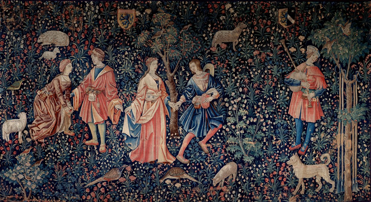 Gardinet af Lordship Life: en galante scene. Uld og silketæppe lavet omkring 1520 i Holland. Søn 2,6x3,7 m Paris, middelalderens nationalmuseum, Thermes de Cluny af School Netherlandish