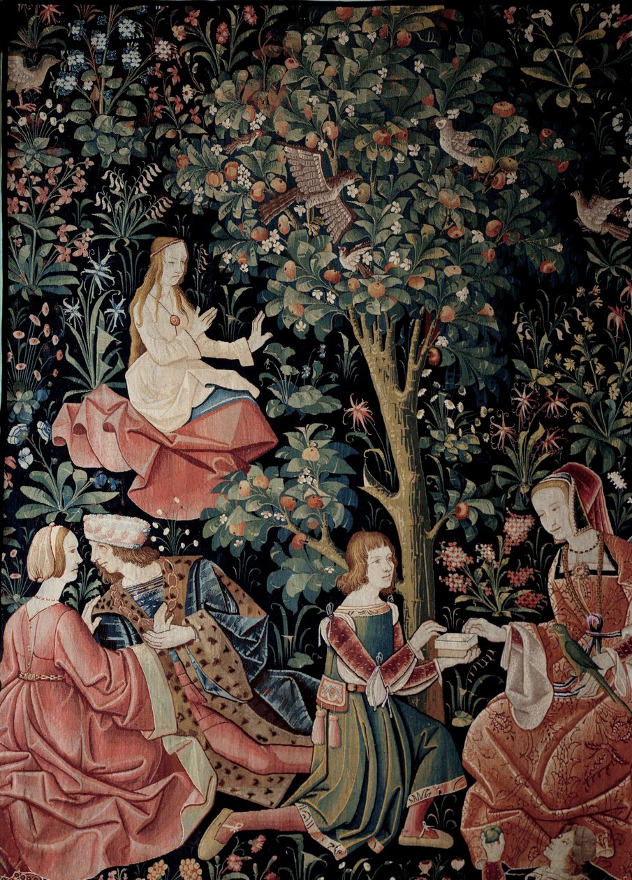 Gardinet for Seigneuriale Life: Scenes Gallant Wool og silketæppe lavet omkring 1520 i Holland. Søn 2,6x3,7 m Paris, middelalderens nationalmuseum, Thermes de Cluny af School Netherlandish