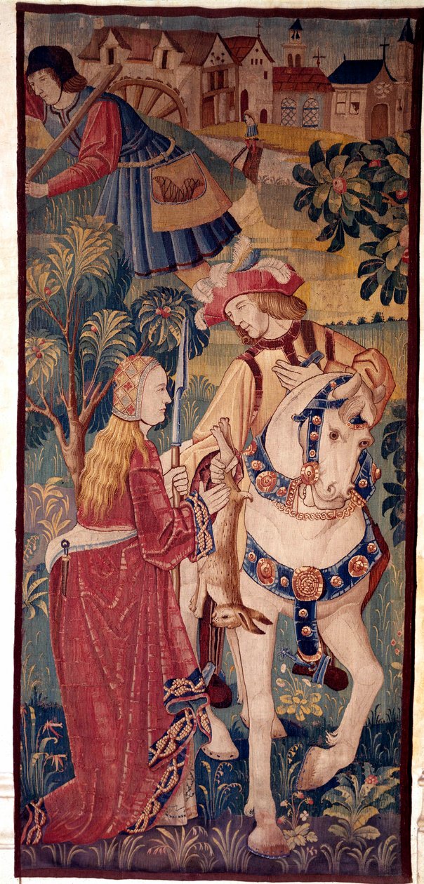 Jagtens tilbagevenden. En herre tilbyder spil til en ung dame. Tapet fra Holland af School Netherlandish