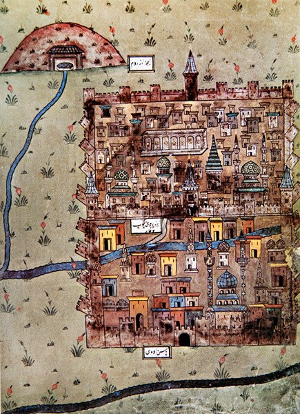 Kort over Erzerum, Tyrkiet ca. 1600 (farve litho) af School Ottoman