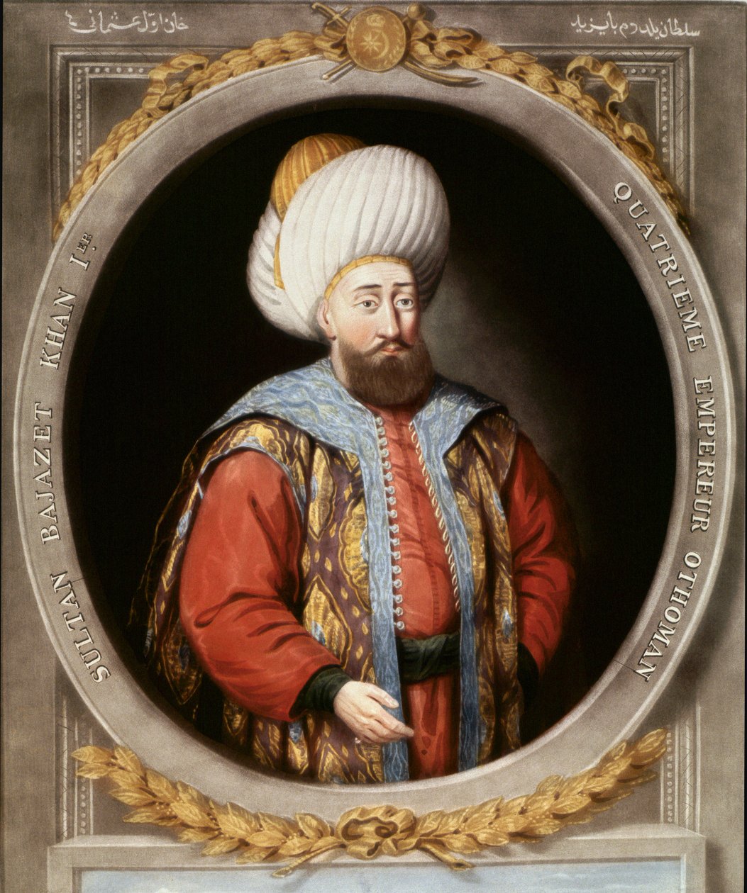 Osmannerriget: Portræt af den fjerde osmanniske sultan Bayazid I (1389-1402). Top Sarayi Istanbul bibliotek af School Ottoman