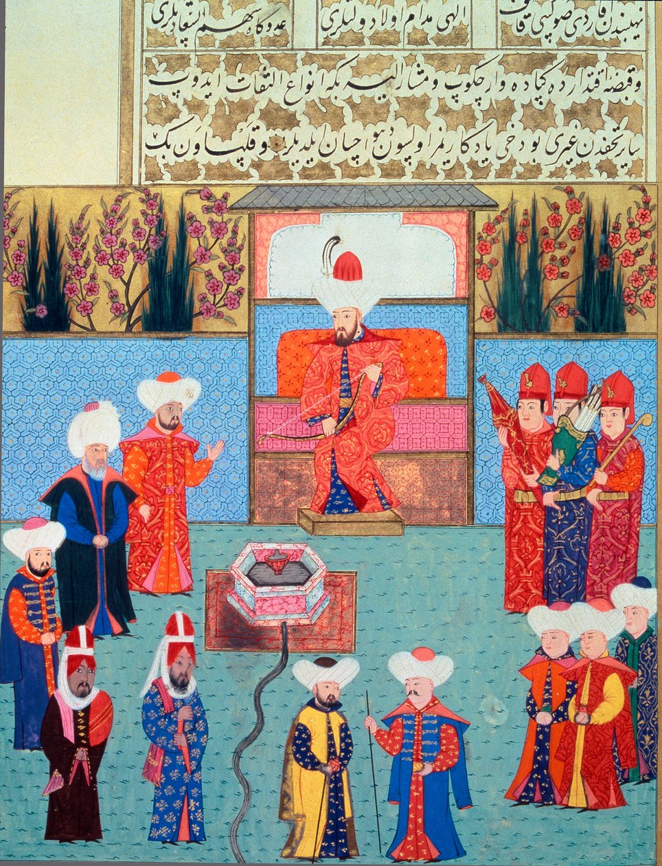 Sultan Orhan (Orkhan eller Urchan) I (1281-1360) har sin Miniature Court fra "Hunername" af Lokman, vol. 1 (H 1523, f.7) 1584 Topkapi Sarayi Museum Library Istanbul af School Ottoman