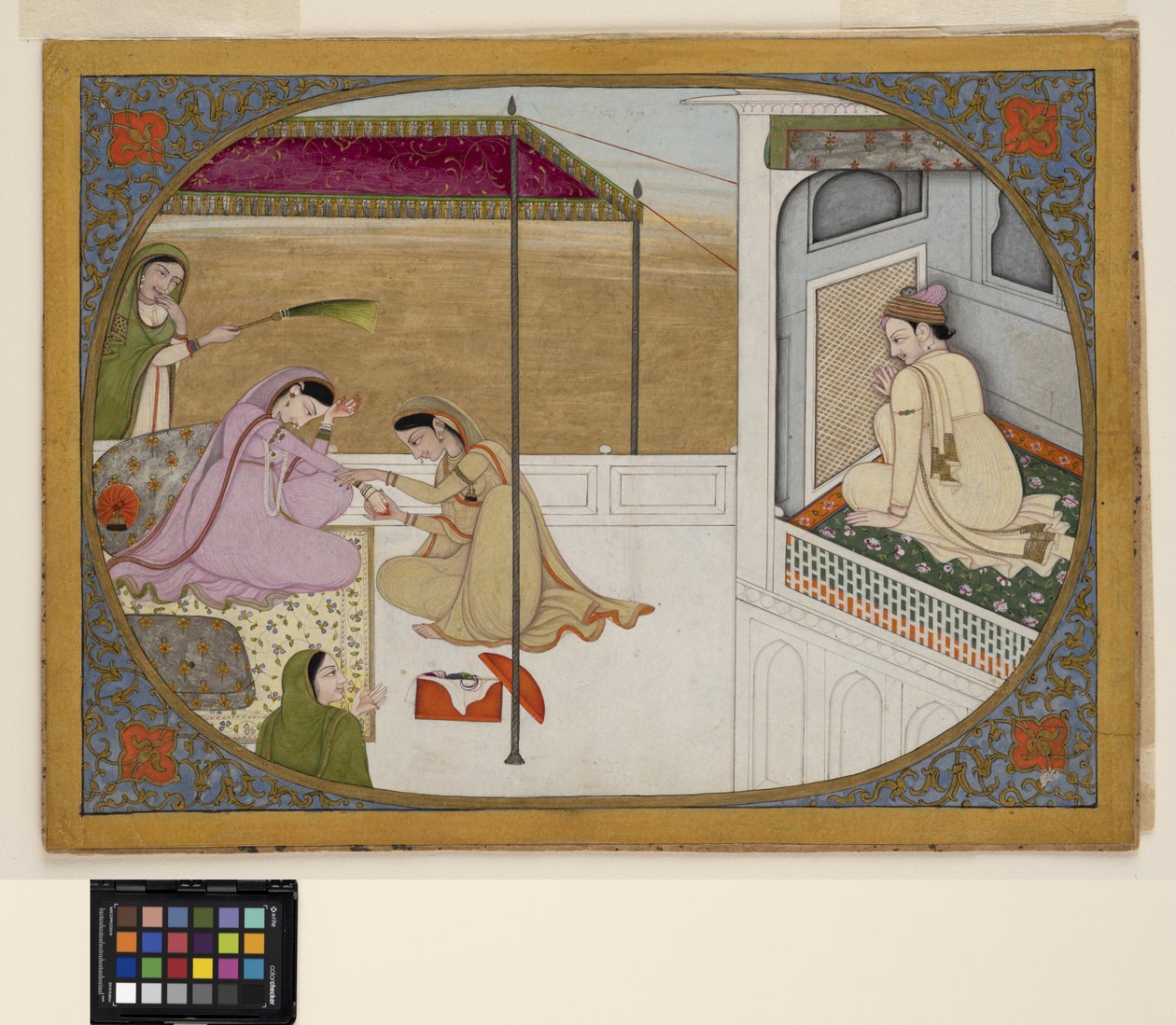 En prins, der spionerer ved forberedelserne af sin elskerinde, ca. 1800 (ugennemsigtig akvarel og guld på papir) af School Pahari