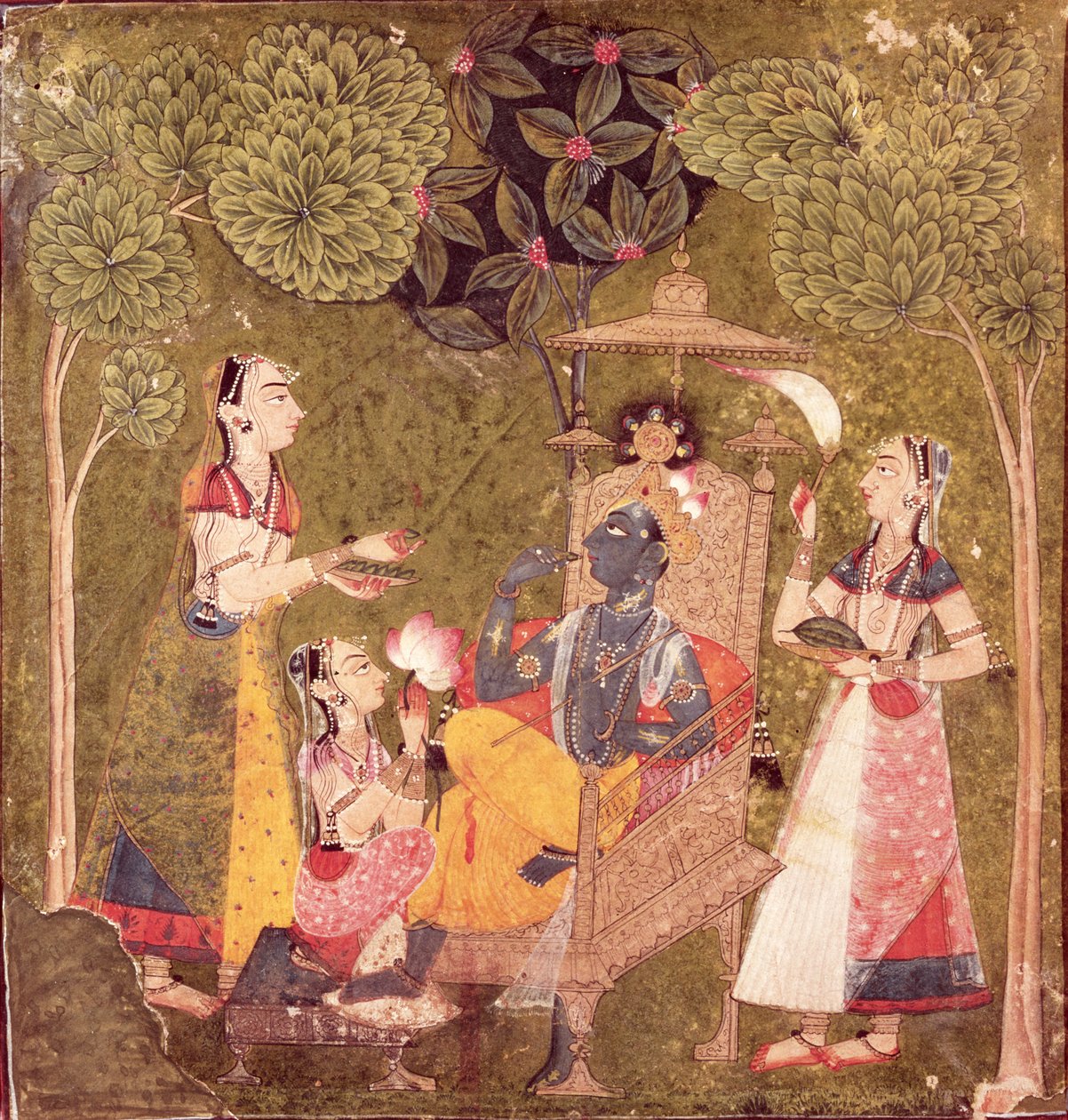 Krishna og jomfruer, Himachal Pradesh, Pahari School, ca. 1710 (akvarel på papir) af School Pahari