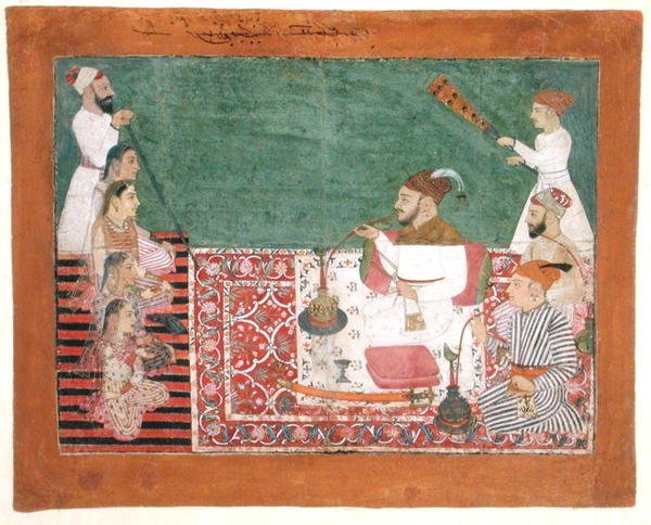 Rajah Deep Chand og venner ryger vandpibe, Bijapur, ca. 1760 (gouache på papir) af School Pahari