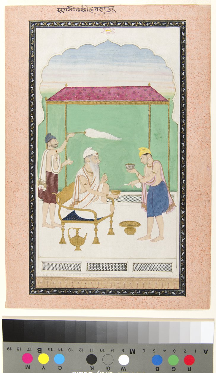 Ranjit Singh siddende på en guldstol, overværet af en morkisk bærer og serveret med, ca. 1830 (ugennemsigtig med/c og guld på papir) af School Pahari