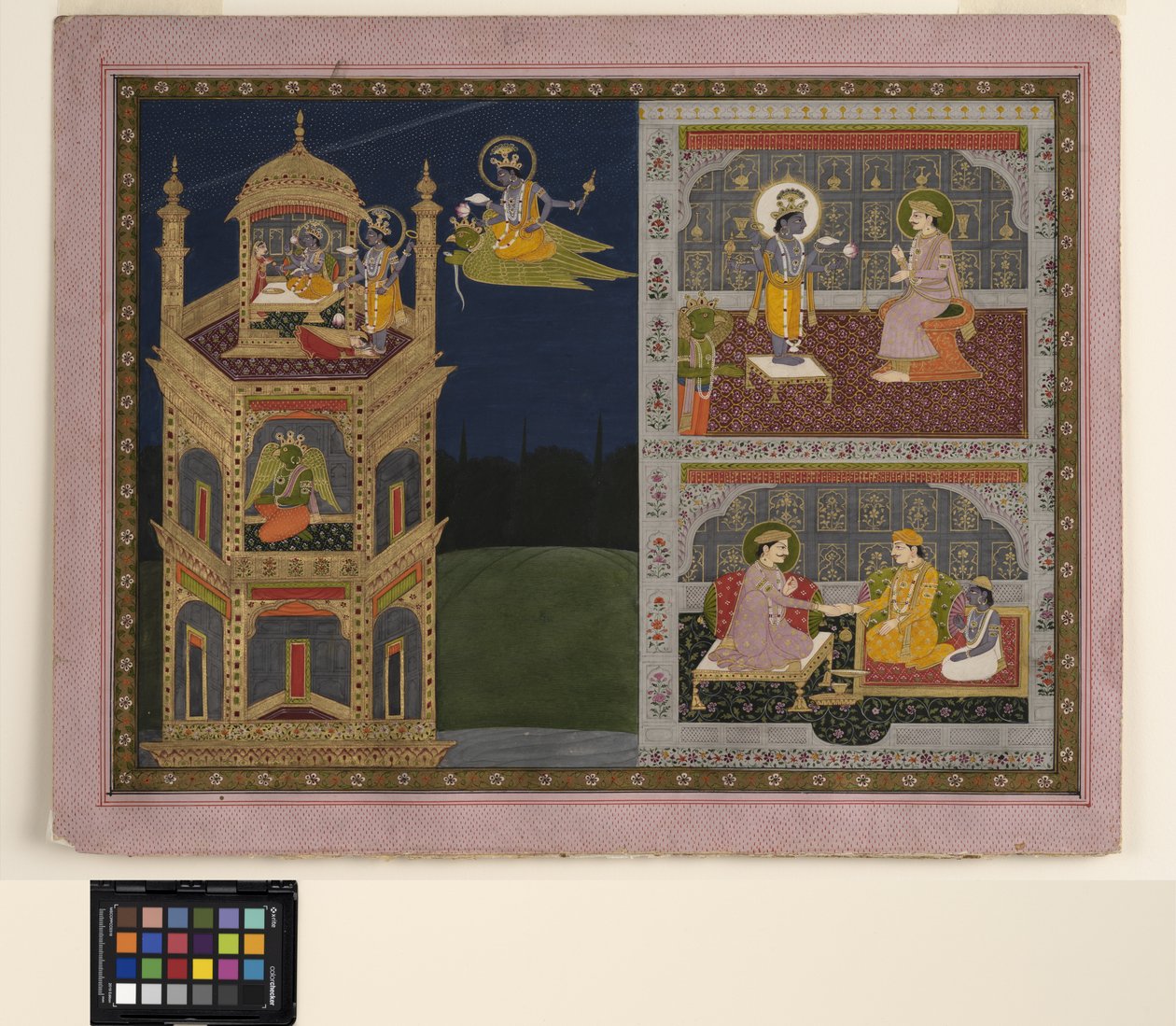 Vishnu nærmer sig et gyldent tårn på Garuda, ca. 1825 (ugennemsigtig akvarel og guld på papir) af School Pahari