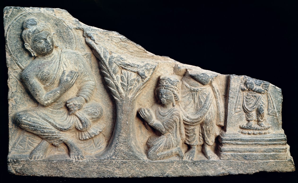Detalje af en relieffrise, der forestiller en siddende Buddha med oranter, græsk-buddhistisk stil, fra Taxila, Pakistan af School Pakistani