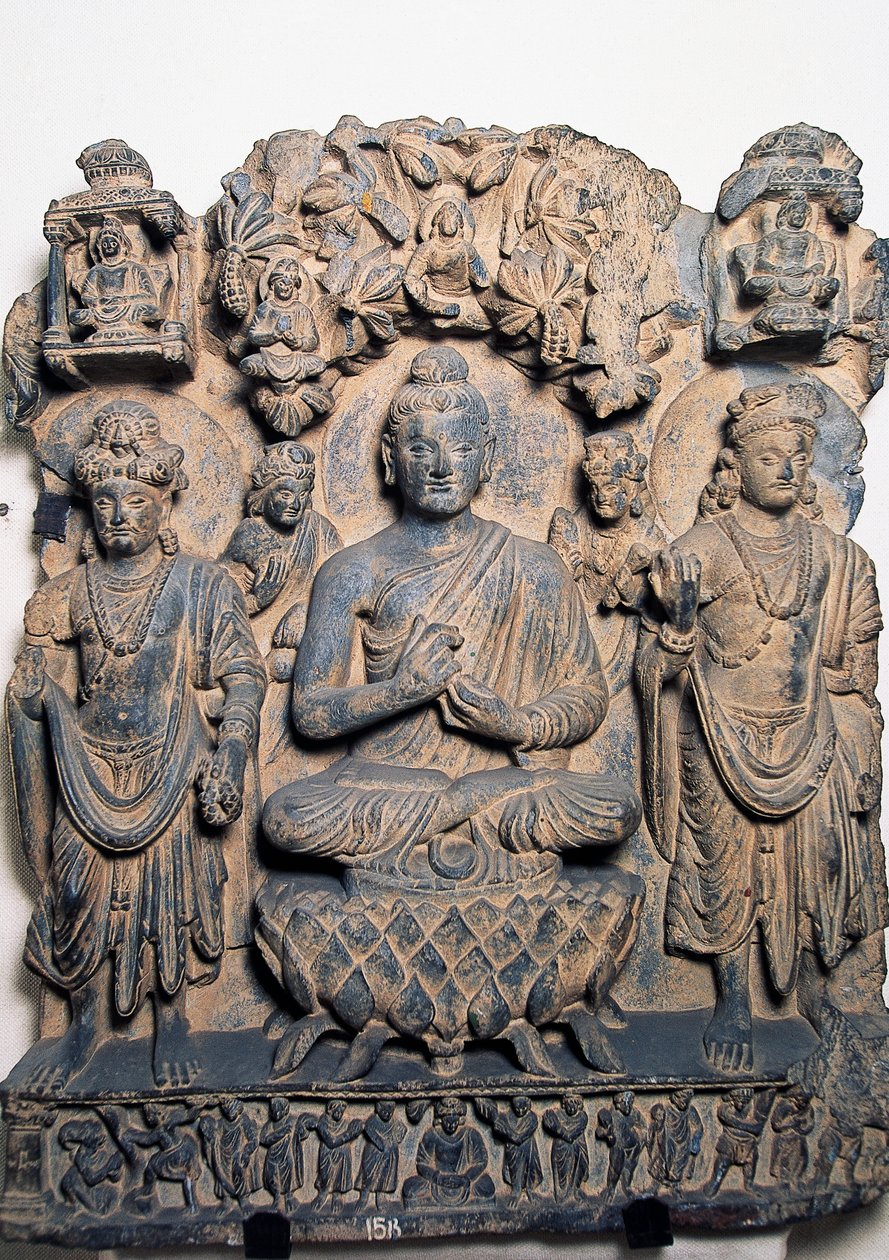 Frise, der forestiller Buddhaer og guddomme, Peshawar, Pakistan af School Pakistani