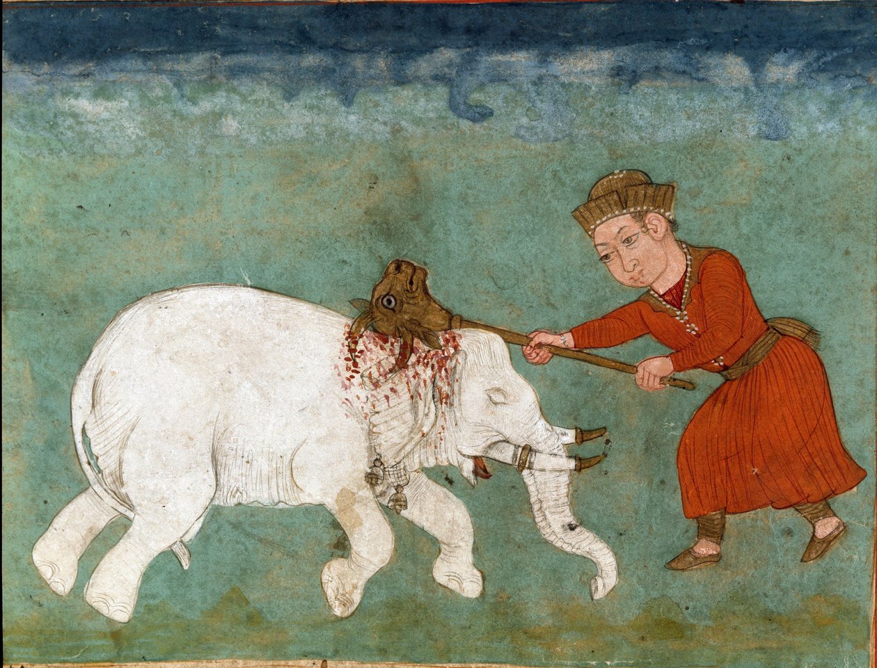 Islamisk kunst: Rostam (eller Rustam) mytiske helte og søn af Zal dræber den hvide elefant. Persisk miniature fra et manuskript af det episke digt "Shahnameh"" (Shah Nama, Shahnama) (Kongenes Bog) af Ferdowsi (Firdawsi eller Ferdawsi eller Firdousi, ca. 94 af School Persian