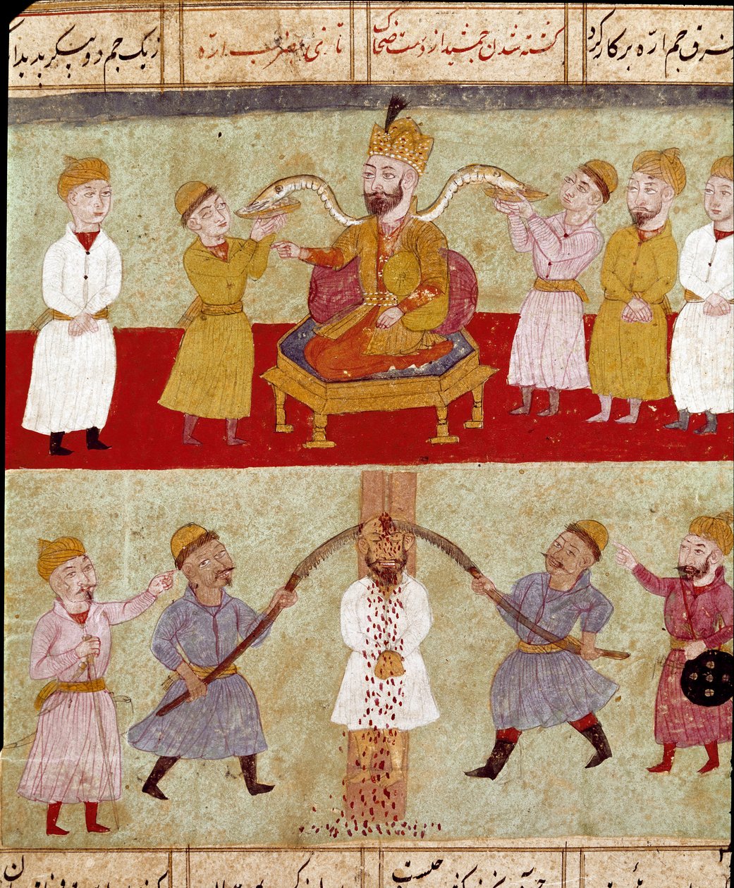 Islamisk kunst: en konge repræsenterer på toppen, med sine ledsagerslanger fodret af hoffolket, under en scene med tortur af en fjende. Persisk miniature fra et manuskript af det episke digt "Shahnameh"" (Shah Nama, Shahnama) (Kongernes Bog) af Ferdowsi (F af School Persian