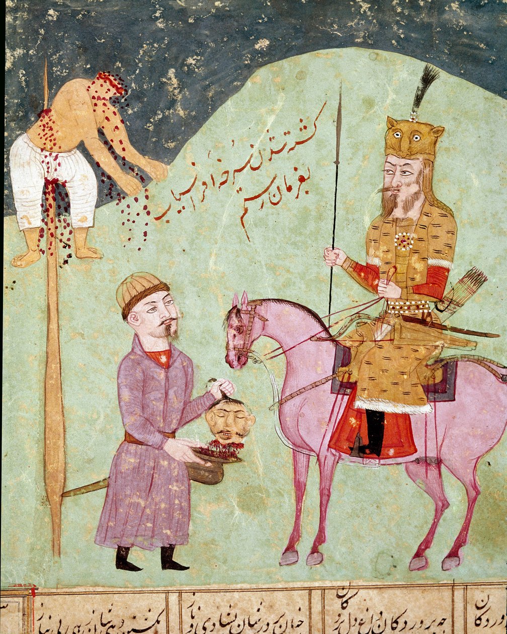 Islamisk kunst: en spiddet og halshugget fjende. Persisk miniature fra et manuskript af det episke digt "Shahnameh"" (Shah Nama, Shahnama) (Kongenes Bog) af Ferdowsi (Firdawsi eller Ferdawsi eller Firdousi, ca. 940-omkring 1020) Biblioteca Nazionale Naples af School Persian