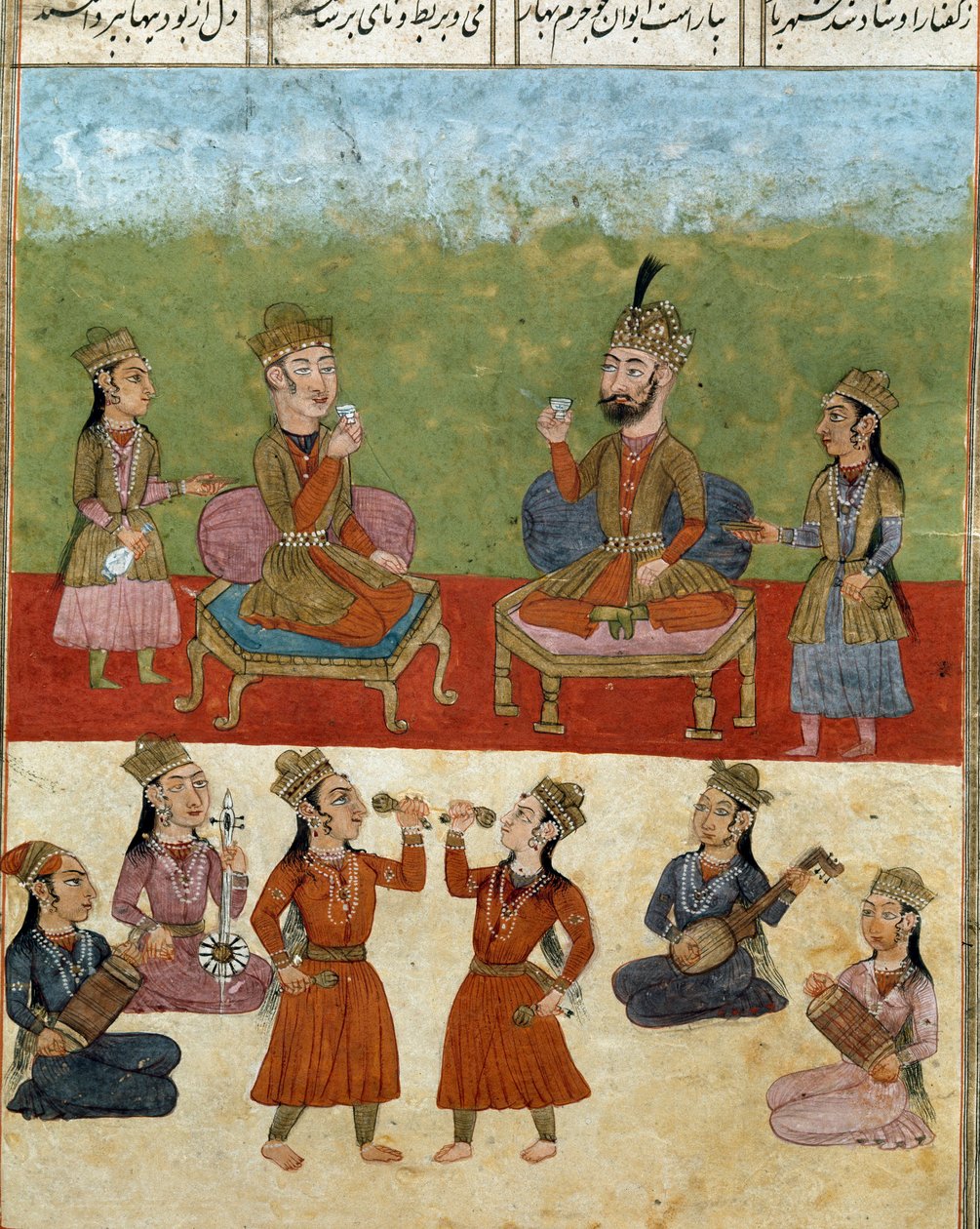 Islamisk kunst: koncert og underholdning i et harem. Persisk miniature fra et manuskript af det episke digt "Shahnameh"" (Shah Nama, Shahnama) (Kongenes Bog) af Ferdowsi (Firdawsi eller Ferdawsi eller Firdousi, ca. 940-omkring 1020) Biblioteca Nazionale Na af School Persian