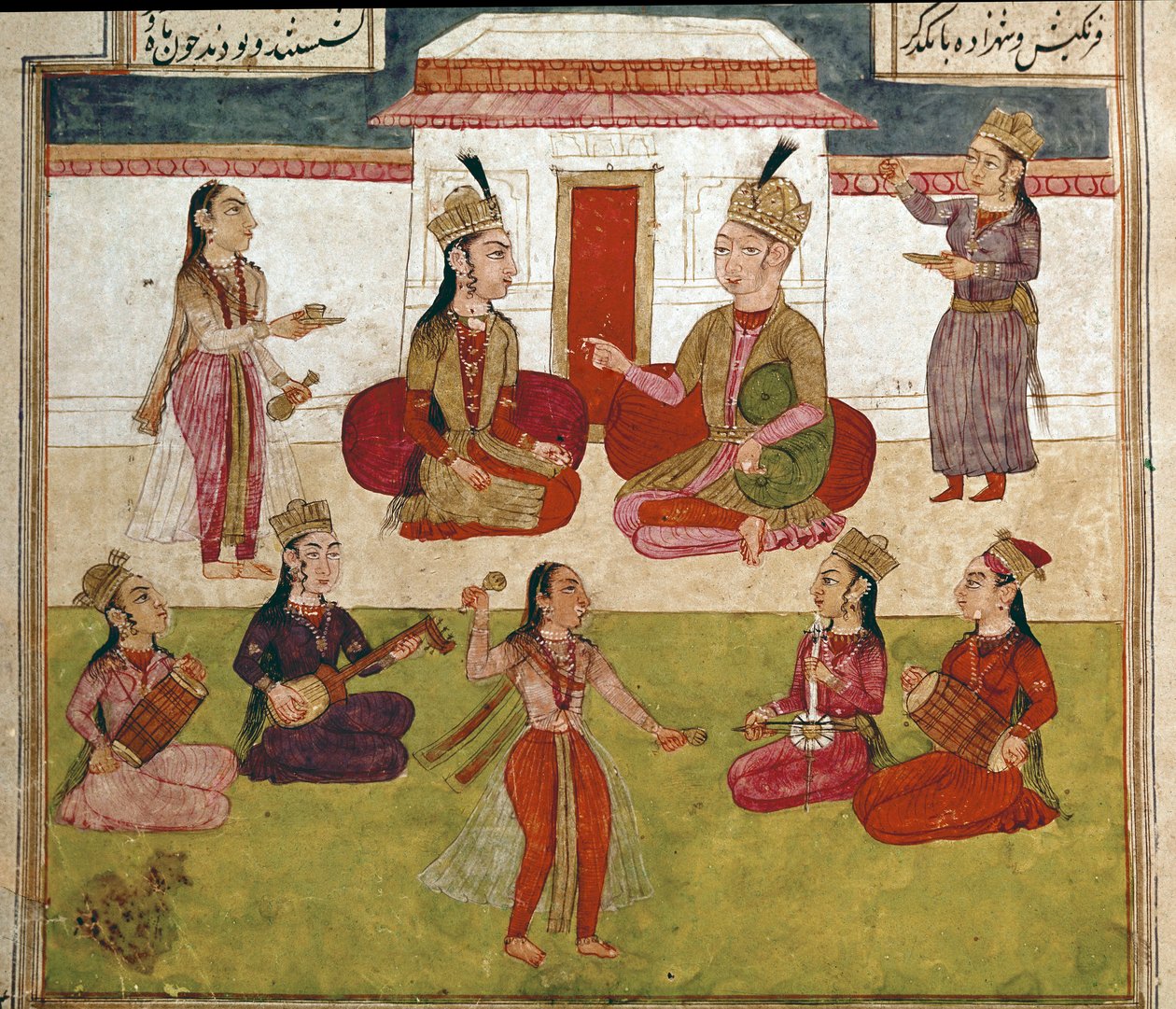 Islamisk kunst: koncert og underholdning i et harem. Persisk miniature fra et manuskript af det episke digt "Shahnameh"" (Shah Nama, Shahnama) (Kongenes Bog) af Ferdowsi (Firdawsi eller Ferdawsi eller Firdousi, ca. 940-omkring 1020) Biblioteca Nazionale Na af School Persian