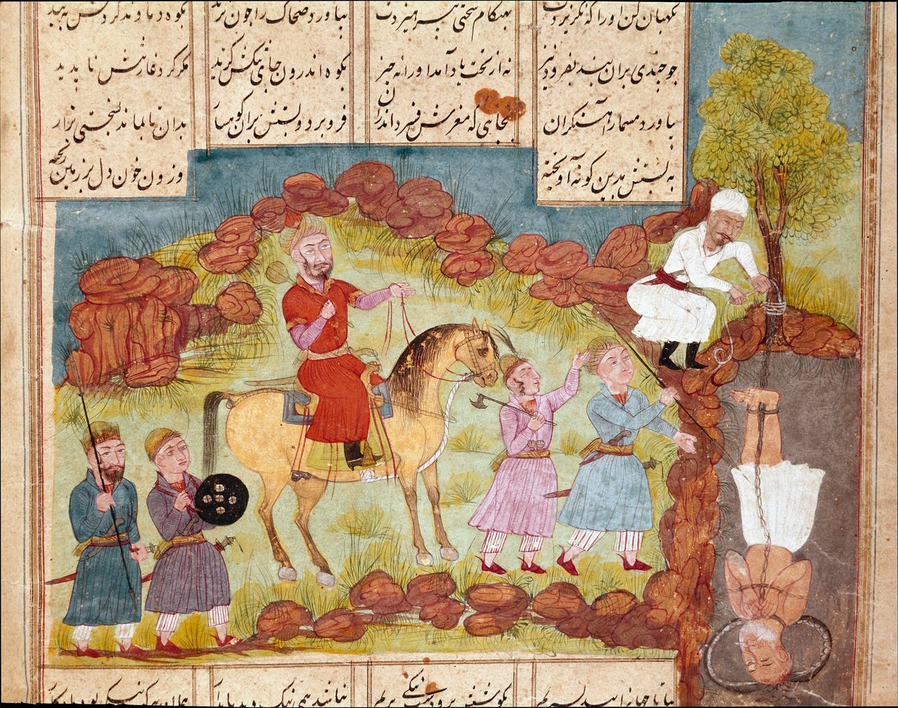 Islamisk kunst: scene for tortur af en fjende, levende begravet ved foden af et træ. Persisk miniature fra et manuskript af det episke digt "Shahnameh"" (Shah Nama, Shahnama) (Kongenes Bog) af Ferdowsi (Firdawsi eller Ferdawsi eller Firdousi, ca. 940-omkri af School Persian