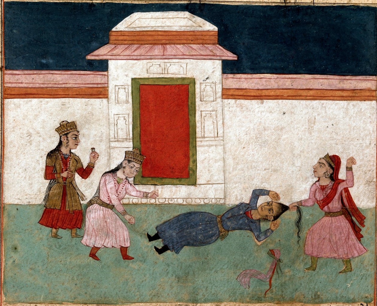 Islamisk kunst: To medhustruer kæmper i et harem, favoritten tager fat i sin rivals hår. Persisk miniature fra et manuskript af det episke digt "Shahnameh"" (Shah Nama, Shahnama) (Kongernes Bog) af Ferdowsi (Firdawsi eller Ferdawsi eller Firdousi, ca. 940- af School Persian
