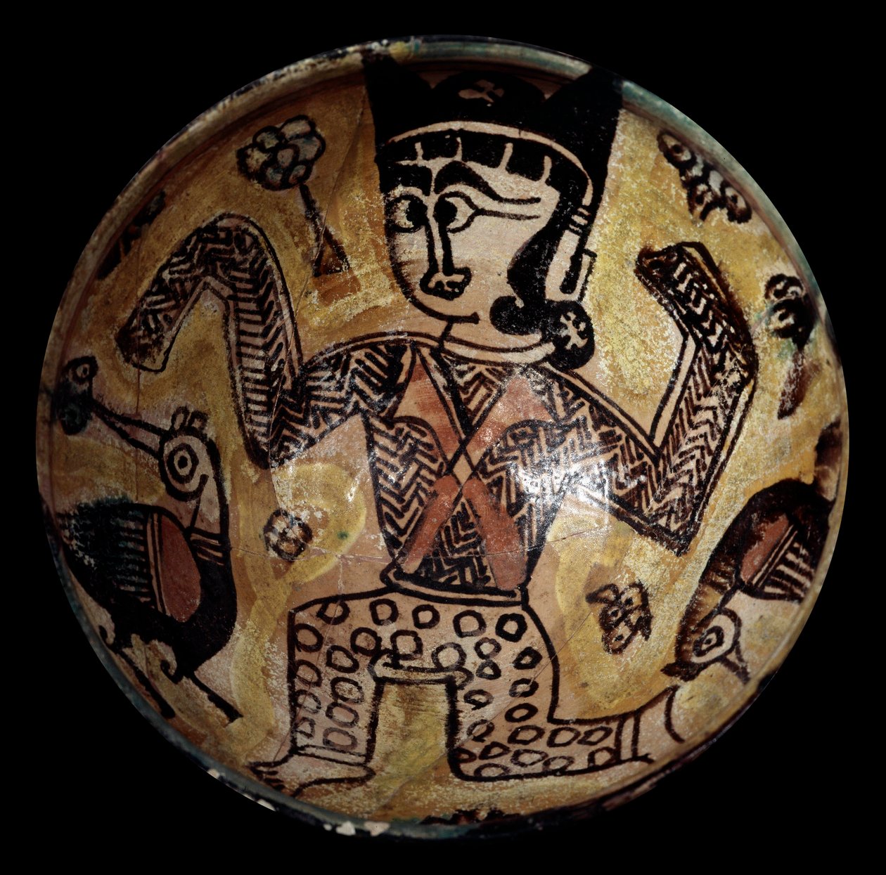Persisk kunst: terracotta kop med en karakter med to fluer. Privat samling af School Persian